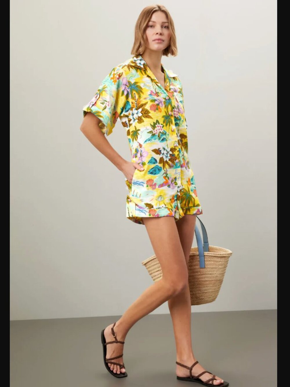 Alemais Yellow Tropical Print Holiday Romper 100% Linen